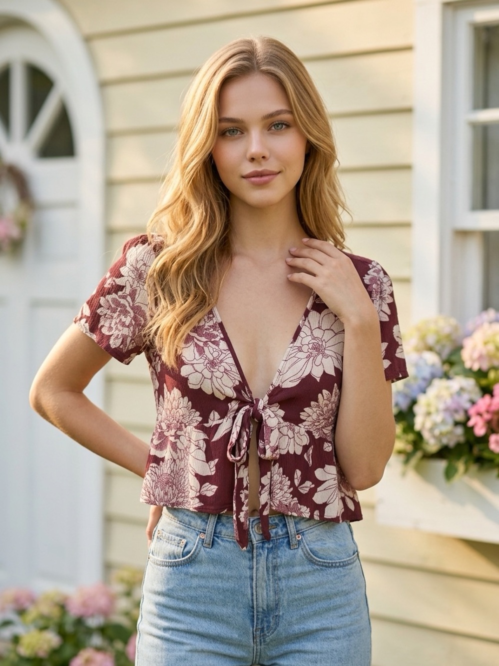Luna Chix Floral Tie-Front Crop Top in Wine